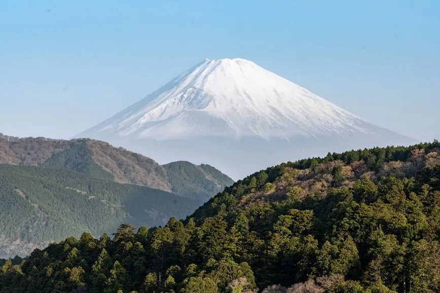 Mount Fuji, snow-capped, under a clear winter sky