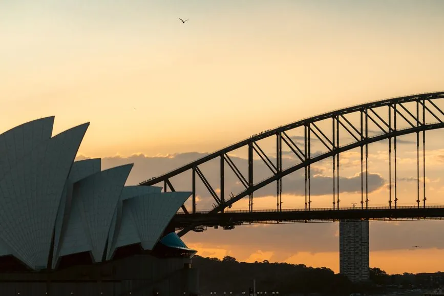 Sydney Opera House and the Harbour Bridge at sunset