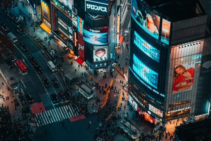 Shibuya Crossing at night, seen from above